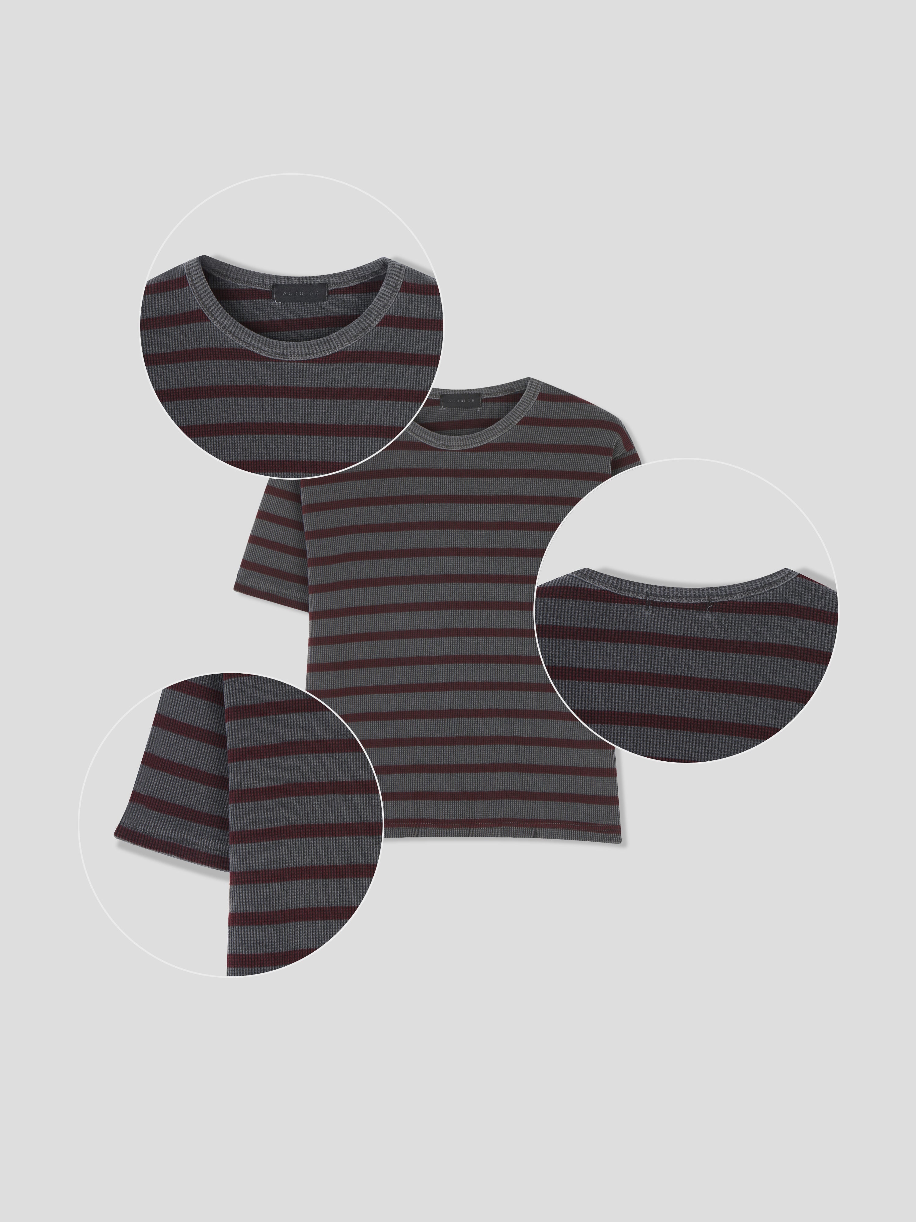 Striped Waffle Knit Tee | 100% Cotton Relaxed Fit T-Shirt | Soft Textured Casual Top | Korean Minimalist Clothing