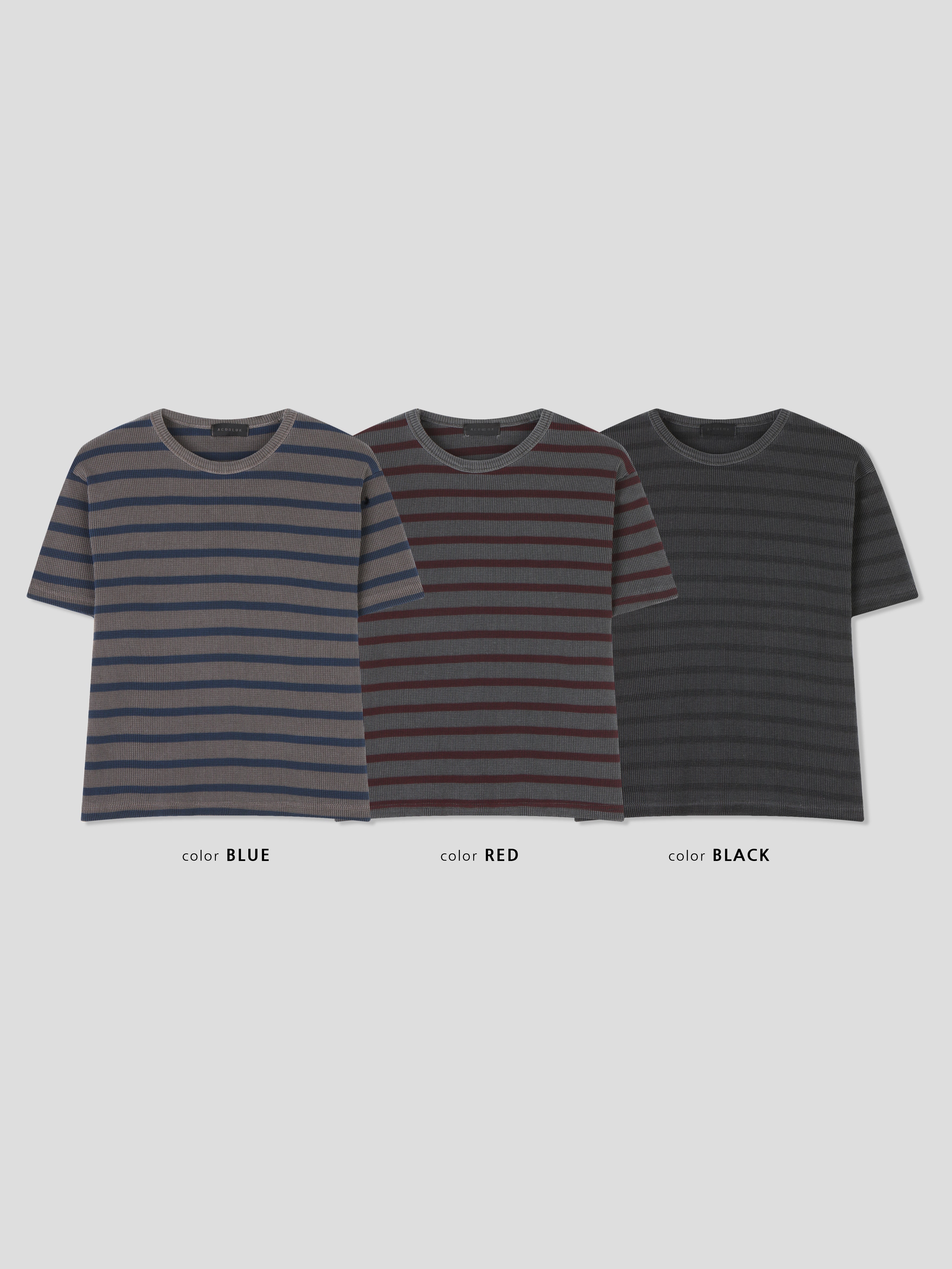 Striped Waffle Knit Tee | 100% Cotton Relaxed Fit T-Shirt | Soft Textured Casual Top | Korean Minimalist Clothing