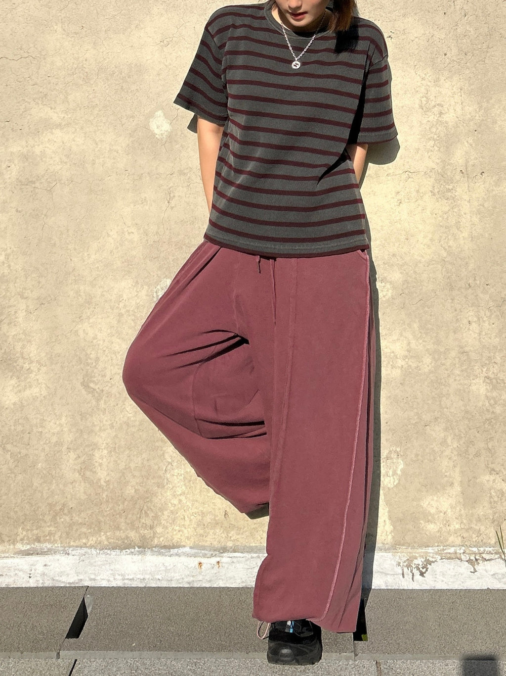 Striped Waffle Knit Tee | 100% Cotton Relaxed Fit T-Shirt | Soft Textured Casual Top | Korean Minimalist Clothing