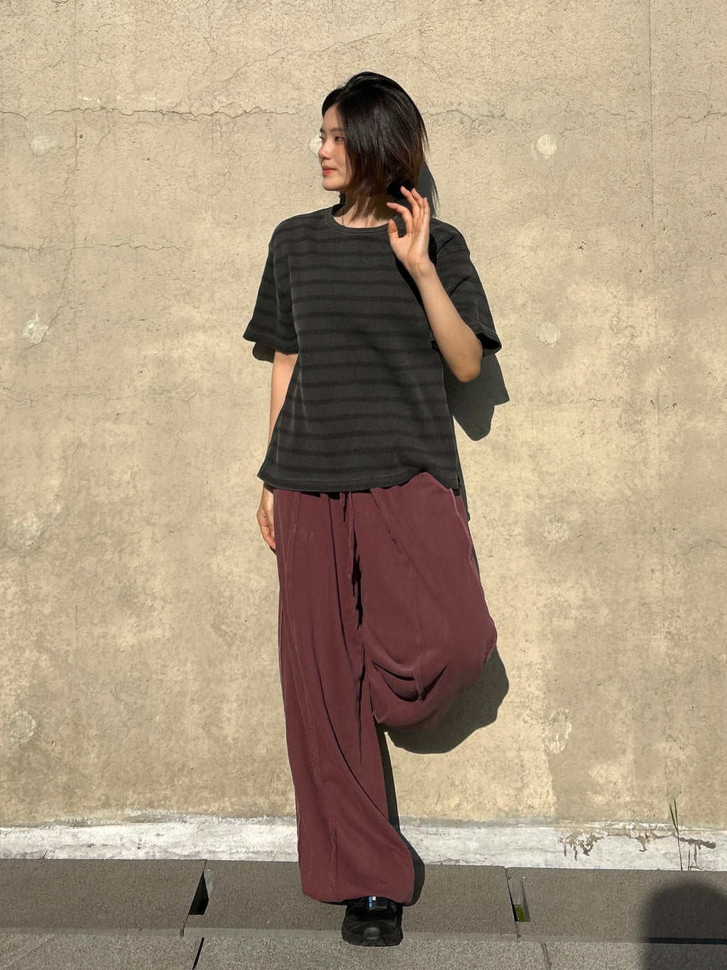 Striped Waffle Knit Tee | 100% Cotton Relaxed Fit T-Shirt | Soft Textured Casual Top | Korean Minimalist Clothing