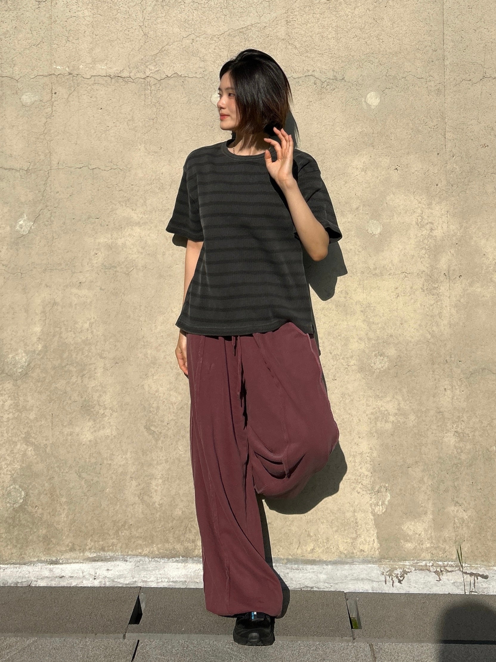 Striped Waffle Knit Tee | 100% Cotton Relaxed Fit T-Shirt | Soft Textured Casual Top | Korean Minimalist Clothing