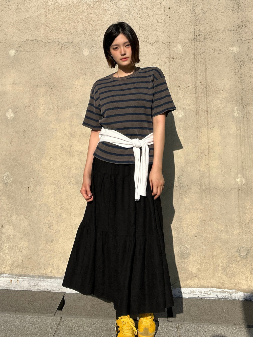 Striped Waffle Knit Tee | 100% Cotton Relaxed Fit T-Shirt | Soft Textured Casual Top | Korean Minimalist Clothing