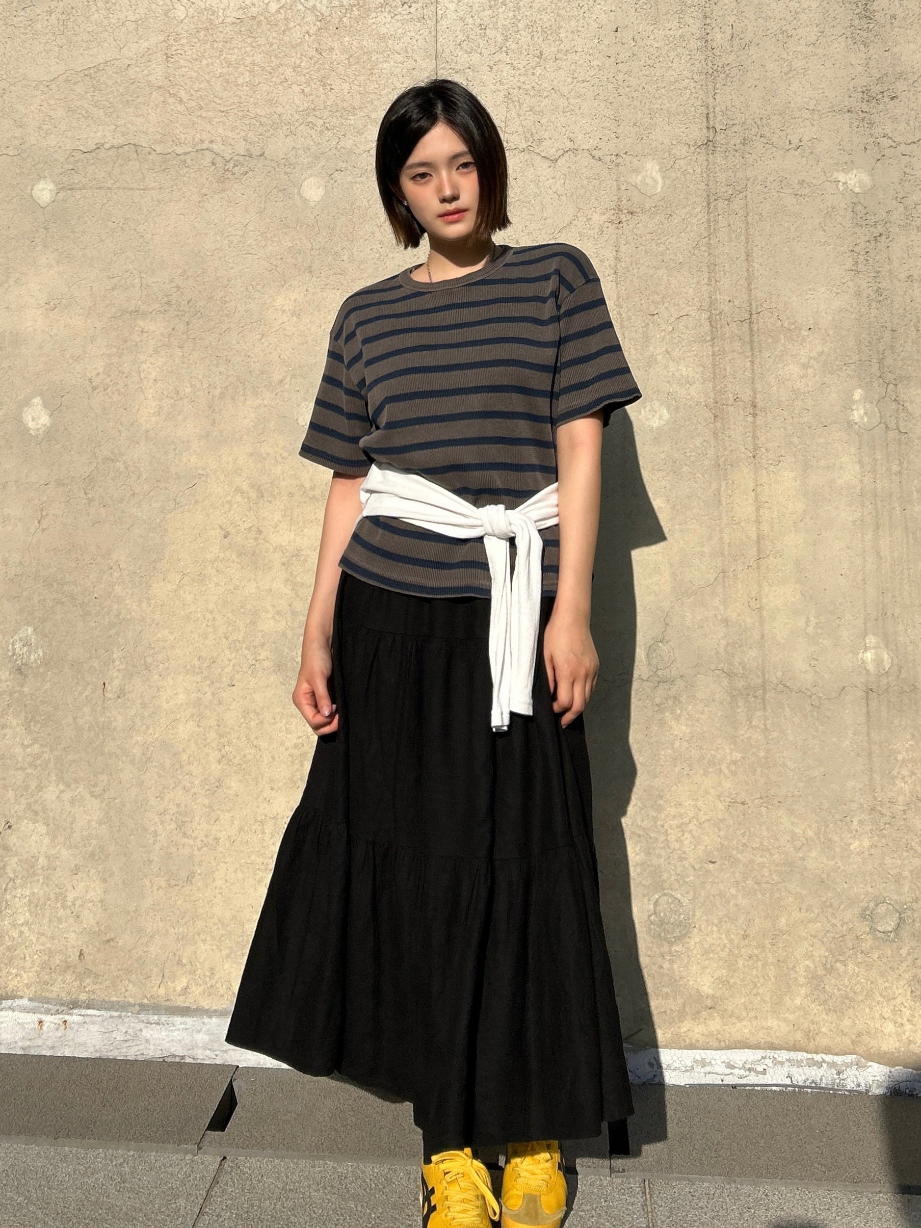 Striped Waffle Knit Tee | 100% Cotton Relaxed Fit T-Shirt | Soft Textured Casual Top | Korean Minimalist Clothing