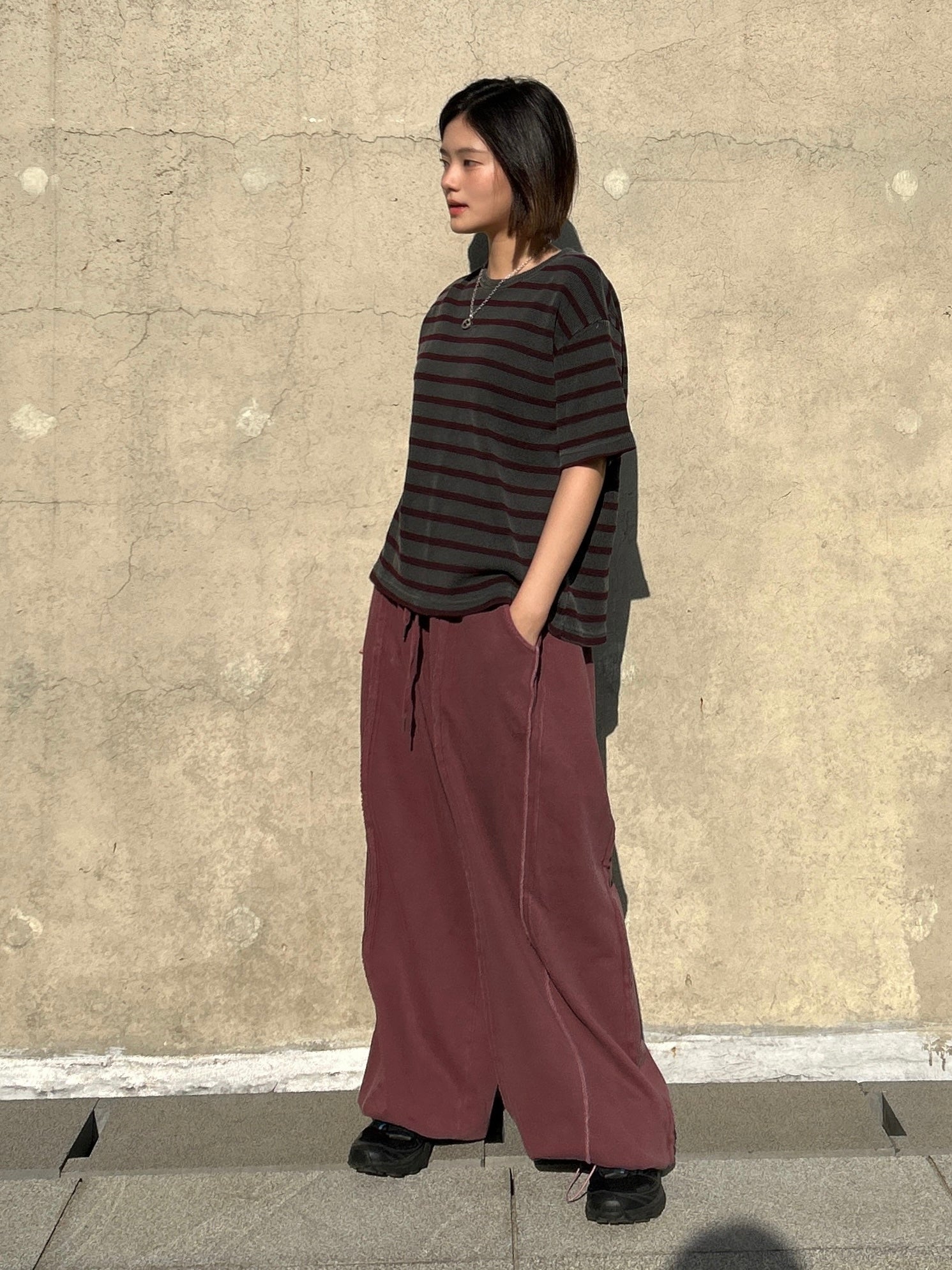 Striped Waffle Knit Tee | 100% Cotton Relaxed Fit T-Shirt | Soft Textured Casual Top | Korean Minimalist Clothing