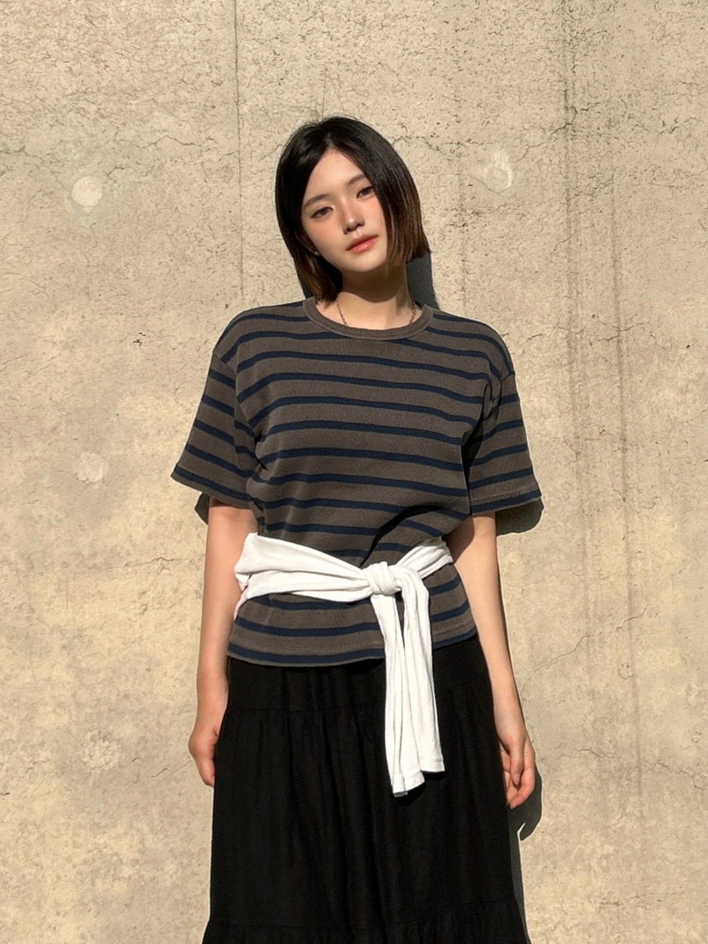 Striped Waffle Knit Tee | 100% Cotton Relaxed Fit T-Shirt | Soft Textured Casual Top | Korean Minimalist Clothing