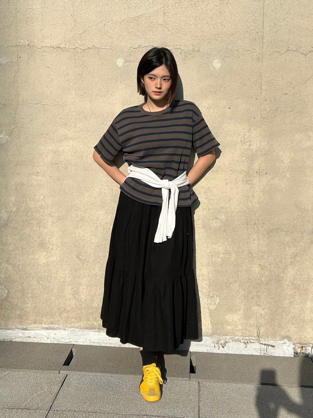 Striped Waffle Knit Tee | 100% Cotton Relaxed Fit T-Shirt | Soft Textured Casual Top | Korean Minimalist Clothing