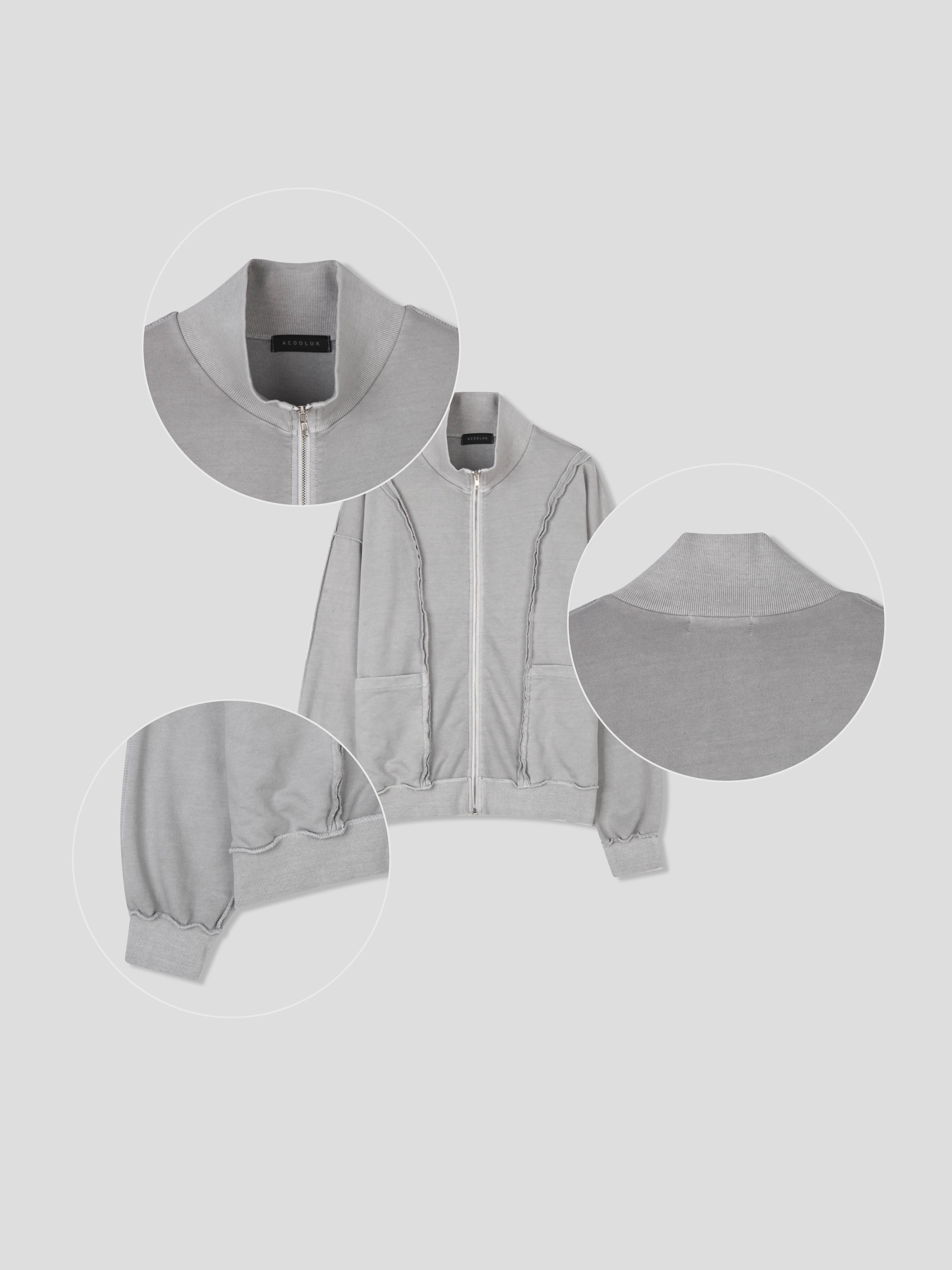 Vintage Washed French Terry Raw Edge Seam Zip-Up Jacket