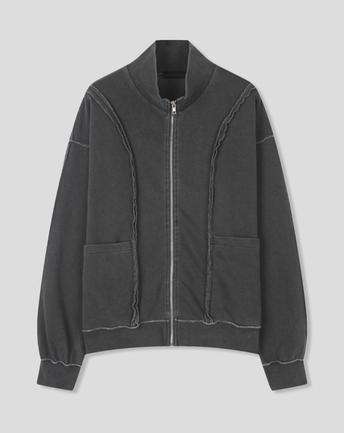 Vintage Washed French Terry Raw Edge Seam Zip-Up Jacket