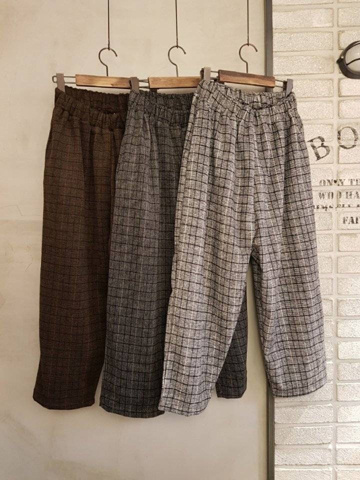 Plaid Wool-like Fabric Baggy Pants, Wide Legs, Winter Warmth