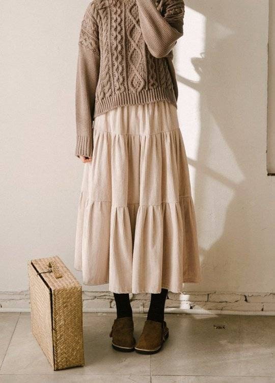 Corduroy Maxi Skirt – Tiered Flare, Rustic Winter Warmth, Elastic Waist, 100% Cotton