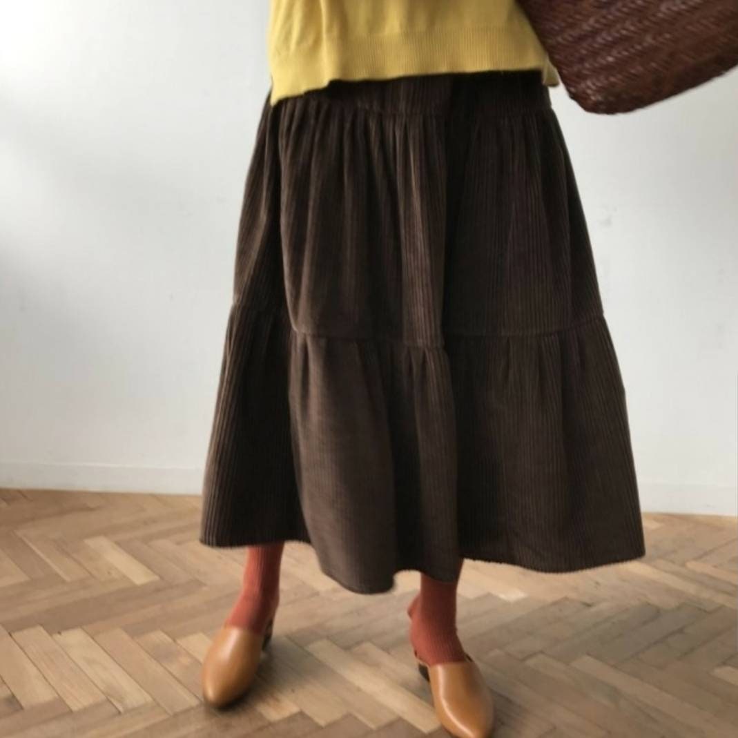 Corduroy Maxi Skirt – Tiered Flare, Rustic Winter Warmth, Elastic Waist, 100% Cotton