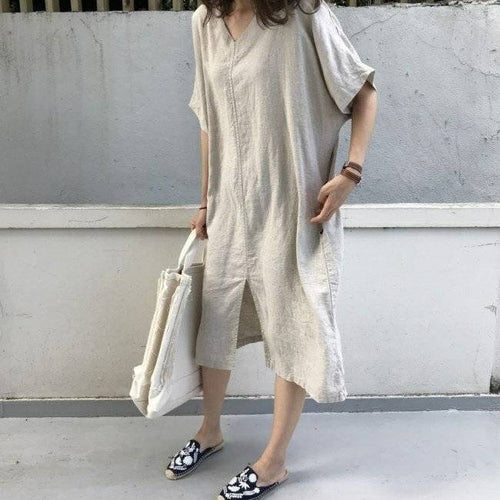 100% Linen Batwing Dress, Loose Fit, Short Sleeve, Lightweight Vacation Wear