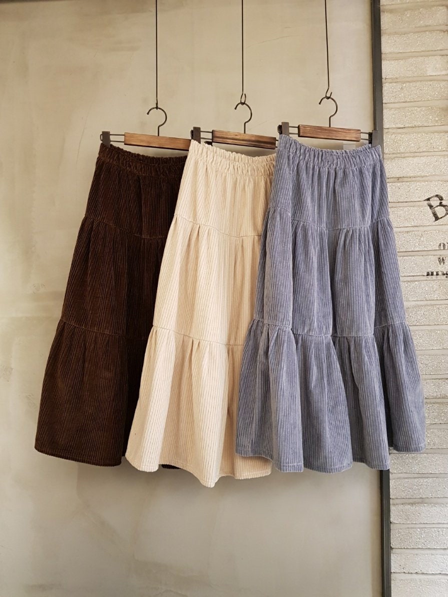 Corduroy Maxi Skirt – Tiered Flare, Rustic Winter Warmth, Elastic Waist, 100% Cotton