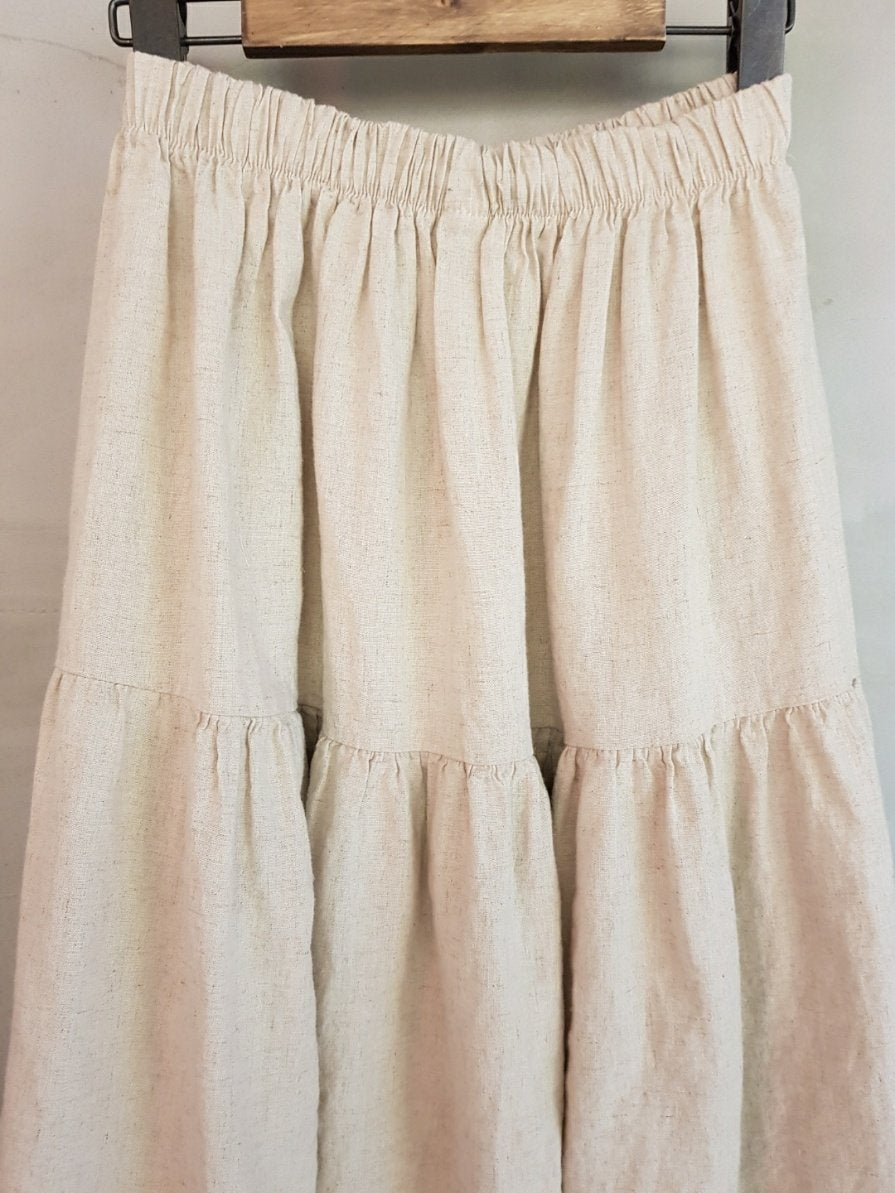 Natural 100% Linen Mid-Rise Banding Waist Rustic Long Skirt