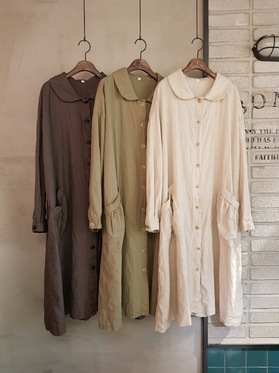Women's Organic Linen 100% Peterpan Collar Dress with loose fit