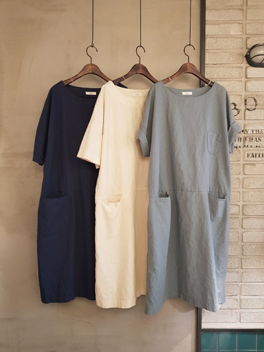 Women's Linen 100% Boat Neck Pocket Dress – Minimalist Loose Fit