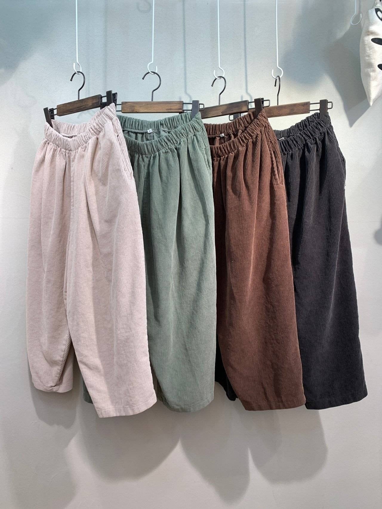Mid-Rise Thick Corduroy Cropped Baggy Pants Wide Leg for Winter