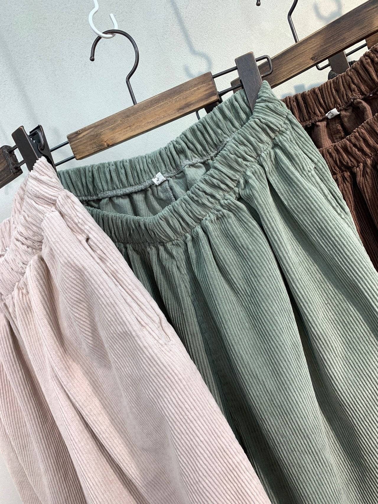 Mid-Rise Thick Corduroy Cropped Baggy Pants Wide Leg for Winter