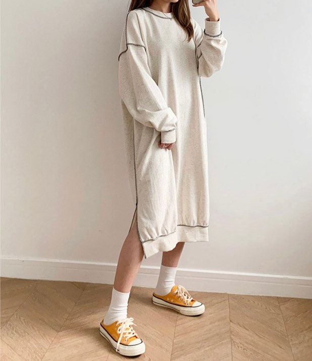Thick Cotton Dress – Relaxed Fit, Side Slit, Korean Made Everyday Wear