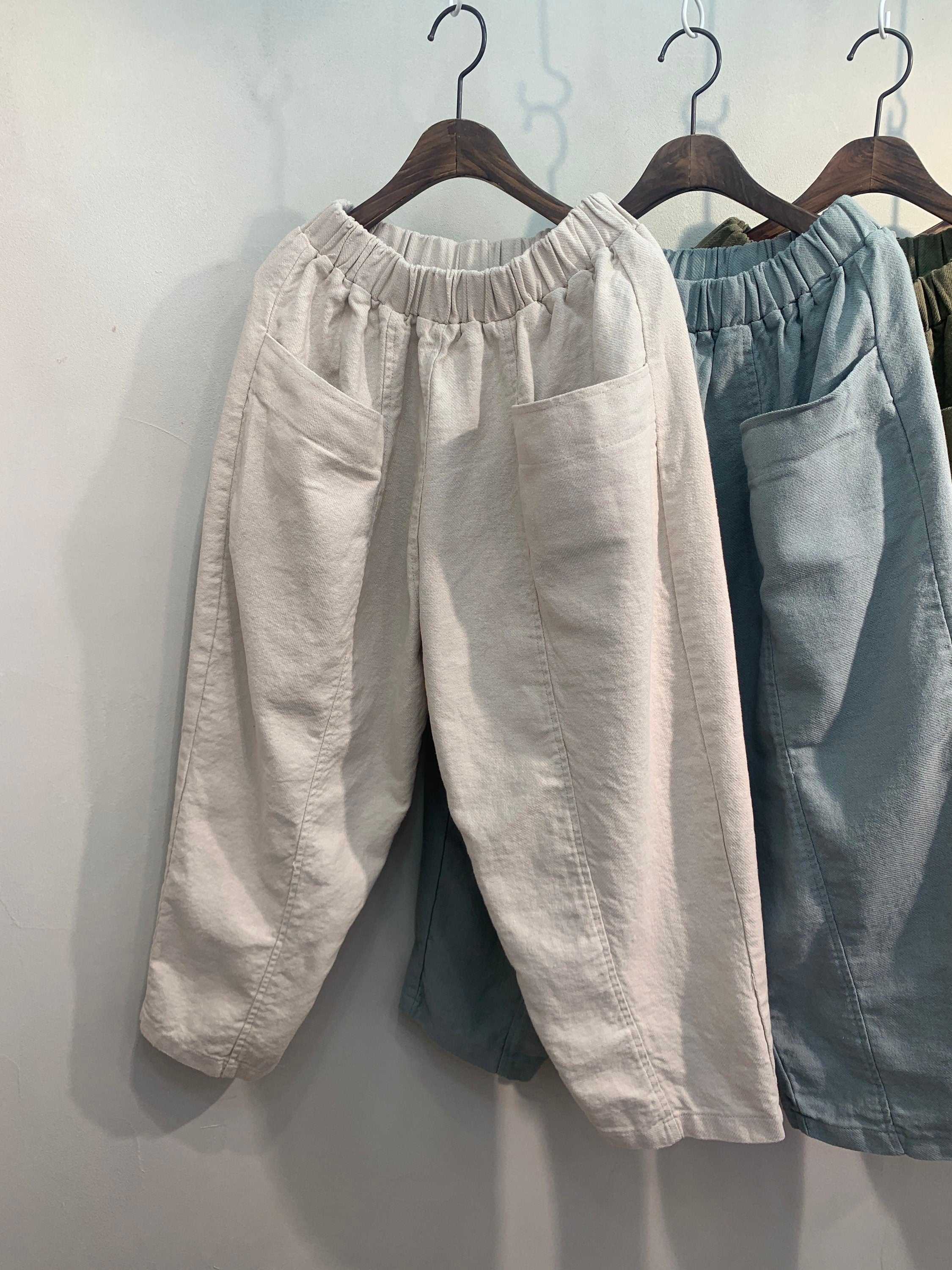 Relaxed Fit Thick Cotton Cropped Trousers | Minimalist Elastic Waist Pants