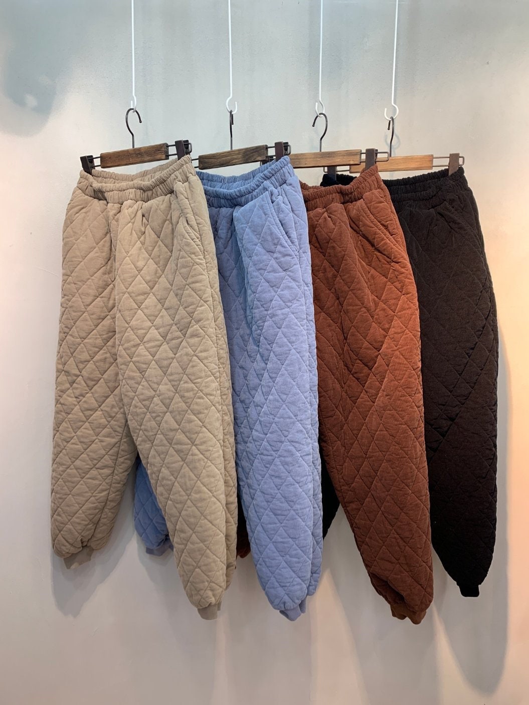 Women’s High Rise Cotton 100% Thick Quilted Padding Deep Pocket Ribbed Hem Baggy Jogger Pants for Winter