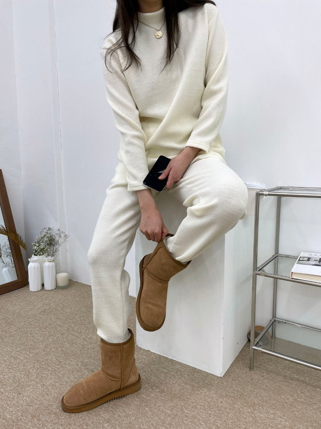 Ribbed Knit Loungewear Set: Mock Neck Top and Tapered Pants; Two Pieces Set