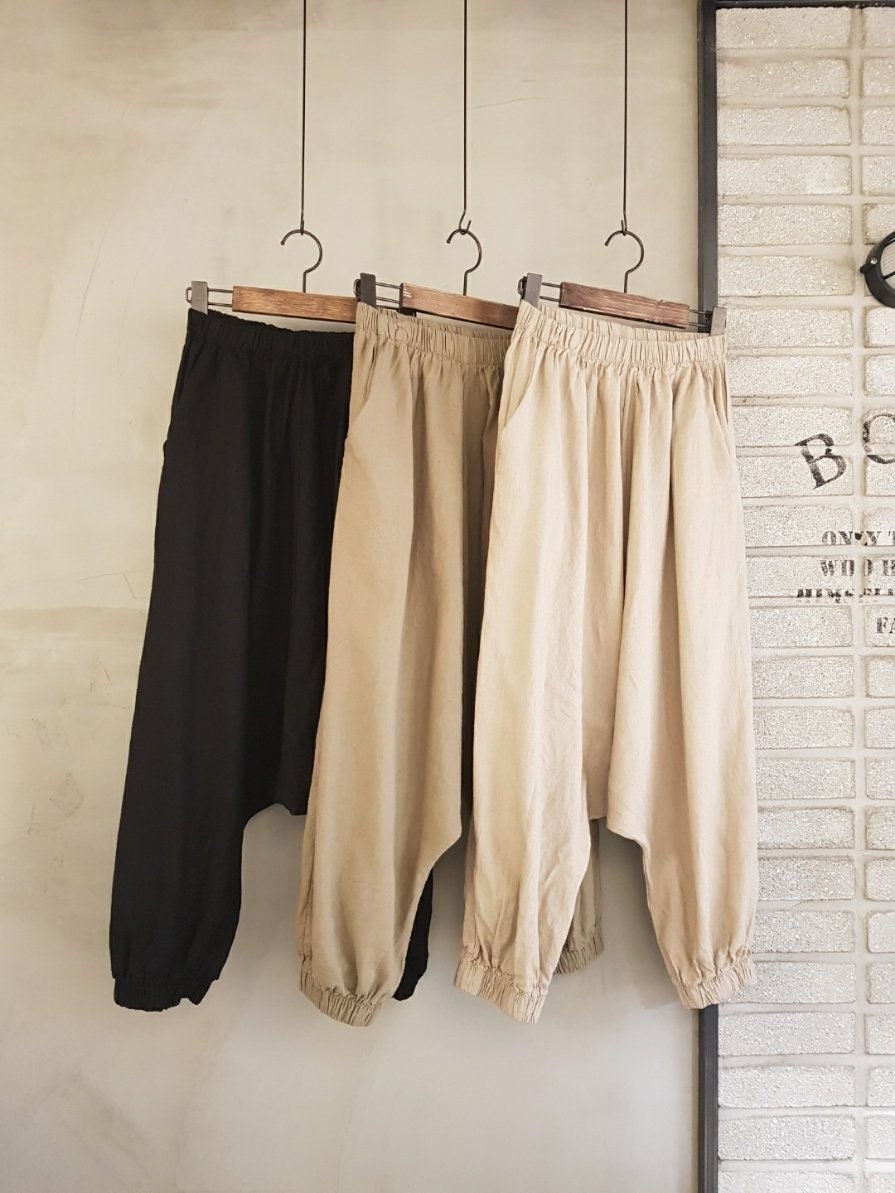 Natural 100% Linen Drop Crotch Jogger - Baggy Yoga Harem Style with Elastic Waist