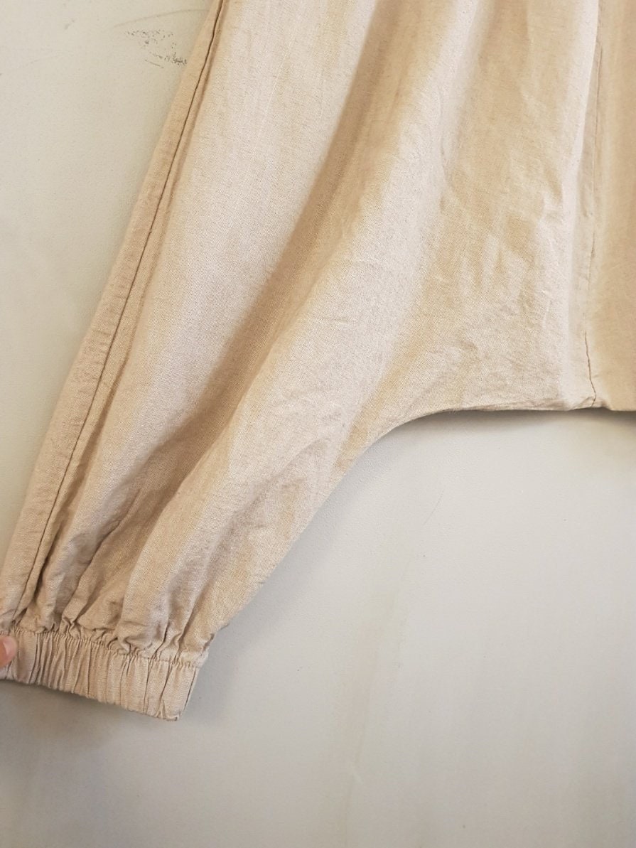 Natural 100% Linen Drop Crotch Jogger - Baggy Yoga Harem Style with Elastic Waist
