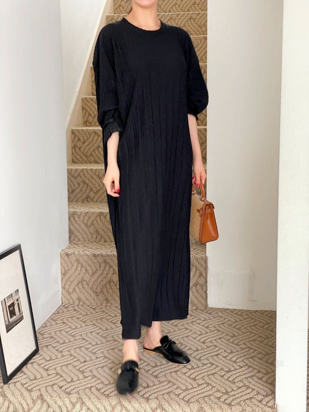 Pleated Texture Long Maxi Dress Loose fit Lantern Sleeve Gown