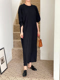 Pleated Texture Long Maxi Dress Loose fit Lantern Sleeve Gown