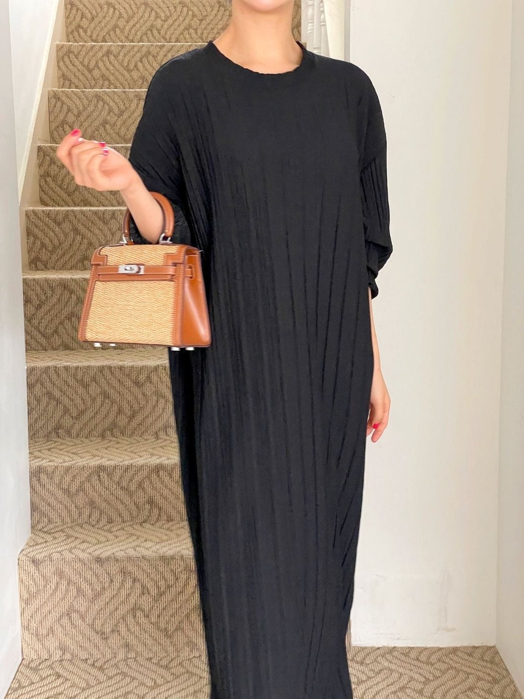 Pleated Texture Long Maxi Dress Loose fit Lantern Sleeve Gown