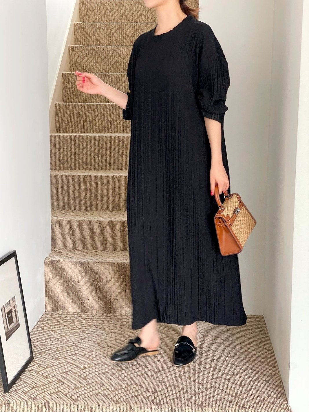 Pleated Texture Long Maxi Dress Loose fit Lantern Sleeve Gown