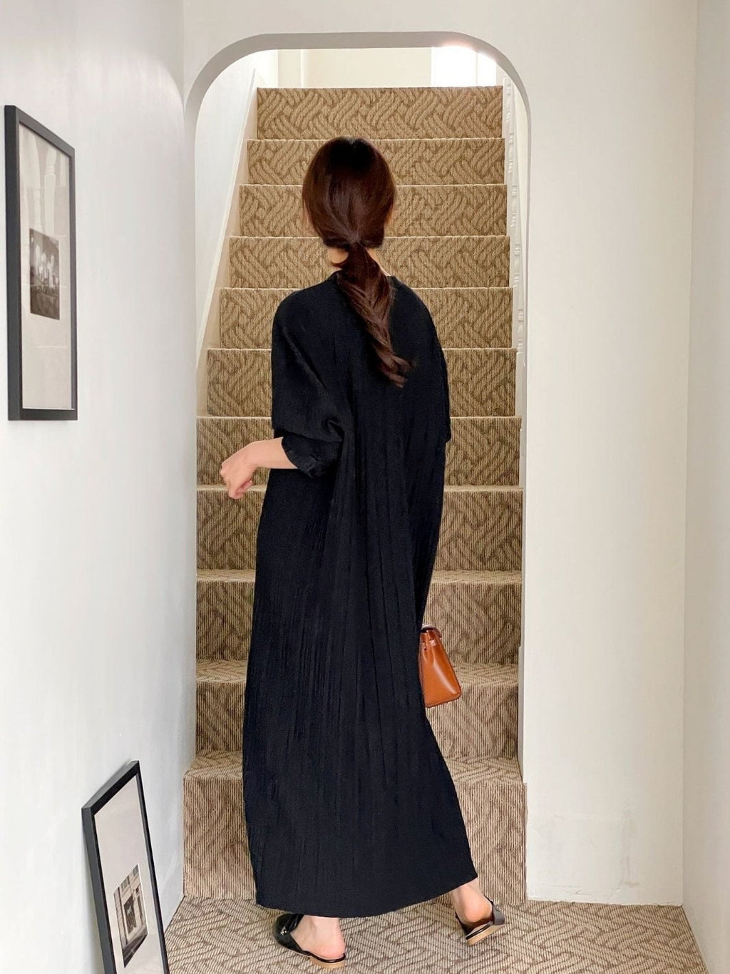 Pleated Texture Long Maxi Dress Loose fit Lantern Sleeve Gown
