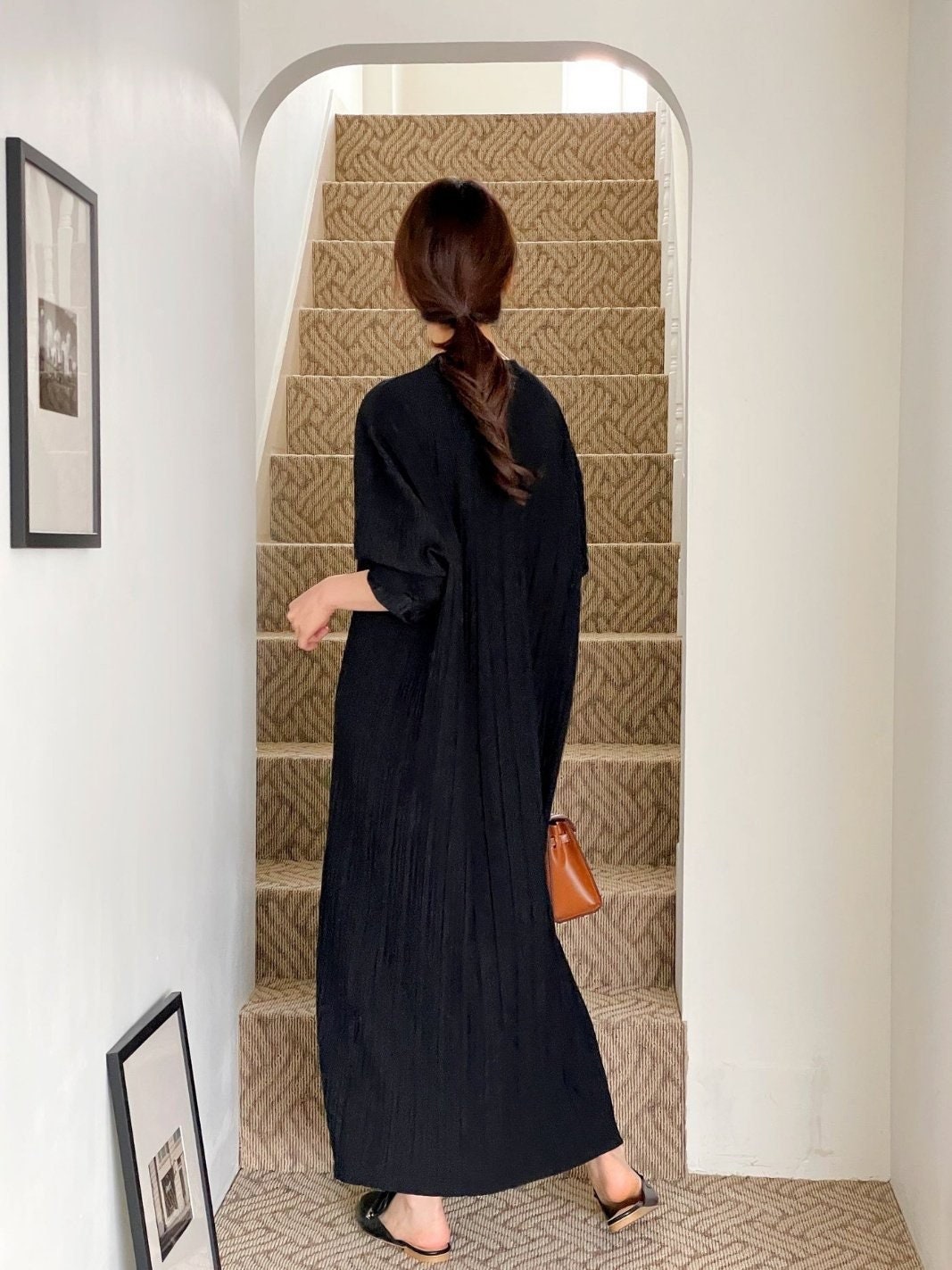 Pleated Texture Long Maxi Dress Loose fit Lantern Sleeve Gown