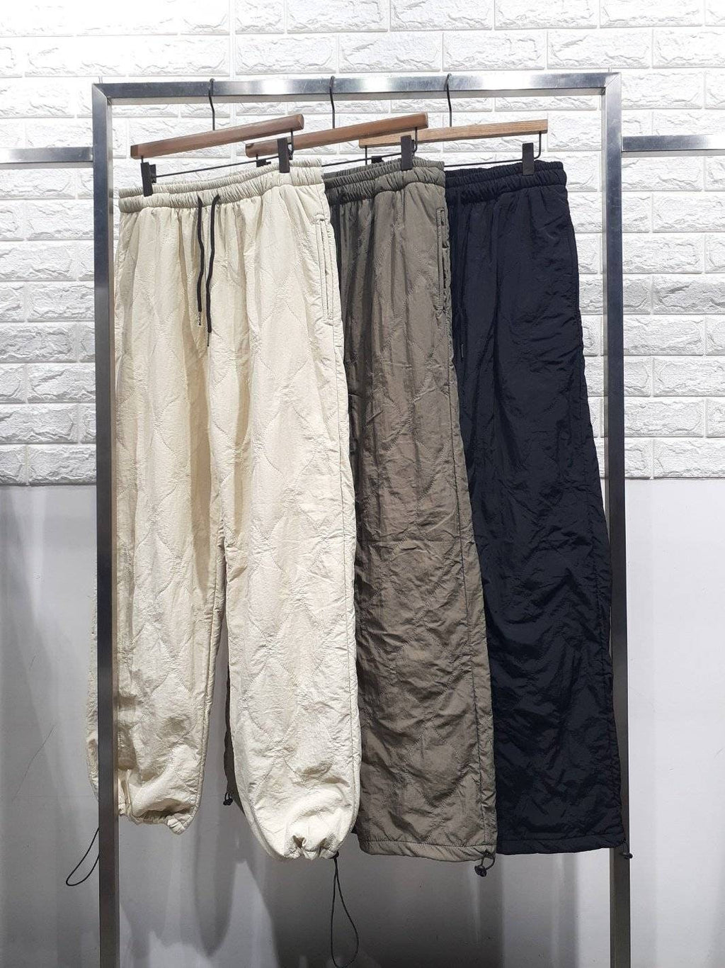 Quilted Padding Jogger Pants: Loose Fit, Drawstring Hem, Nylon Outer, Polyester Inner