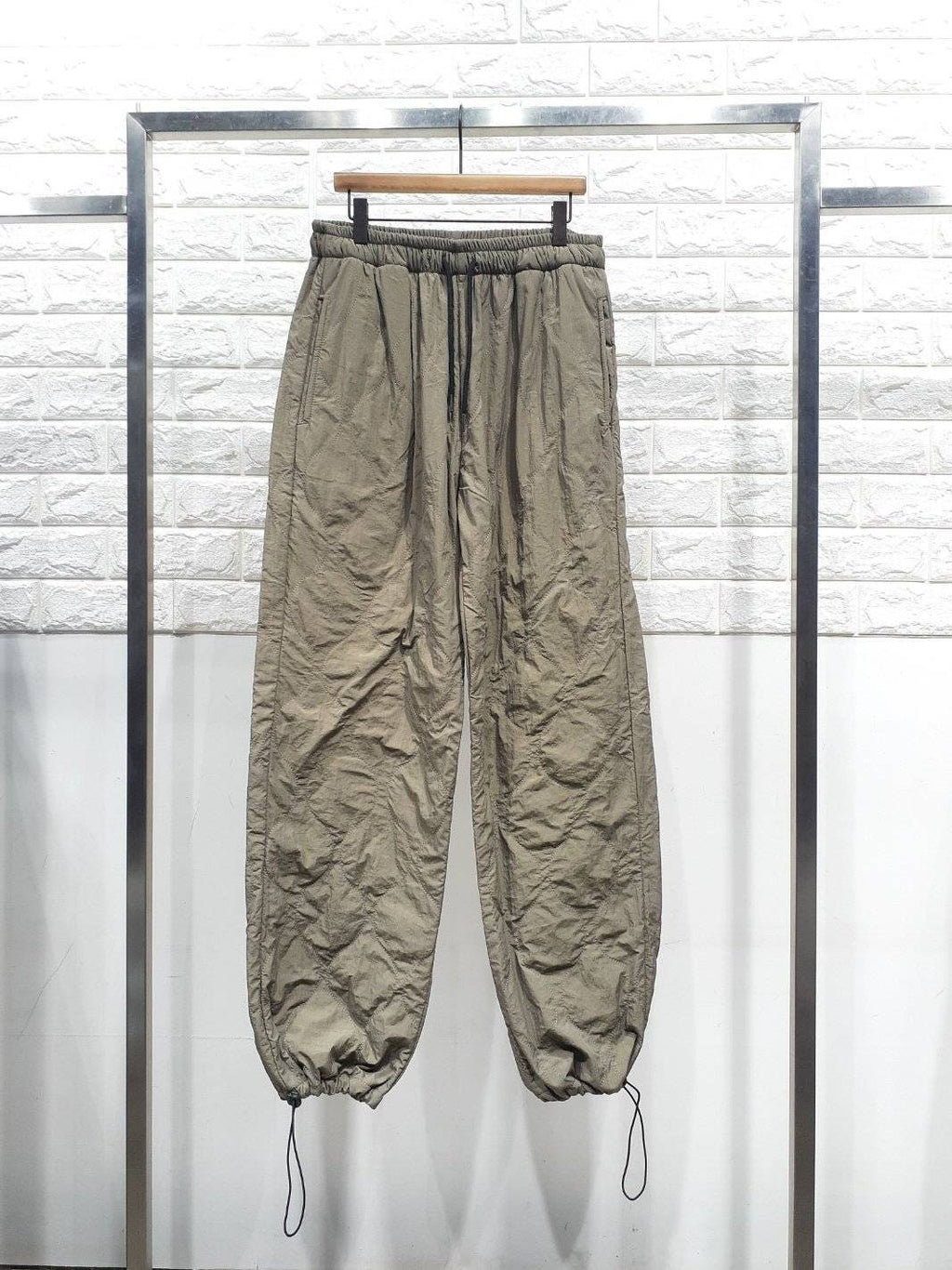 Quilted Padding Jogger Pants: Loose Fit, Drawstring Hem, Nylon Outer, Polyester Inner