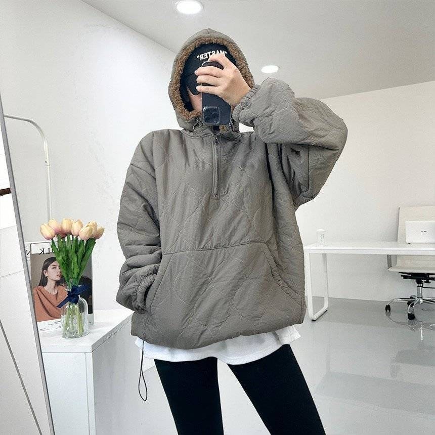 Unisex Dumble Sherpa Hood Quilted Padding Anorak