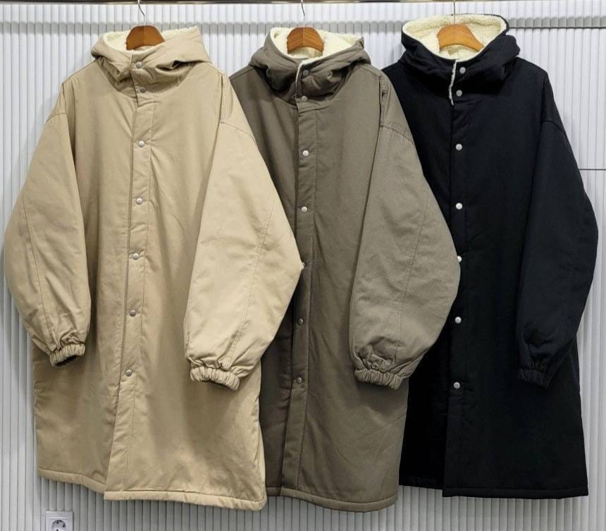 Thick Dumble Sherpa Fleece Hood Thermal Coat Knee High Overfit Warm Neck and Head