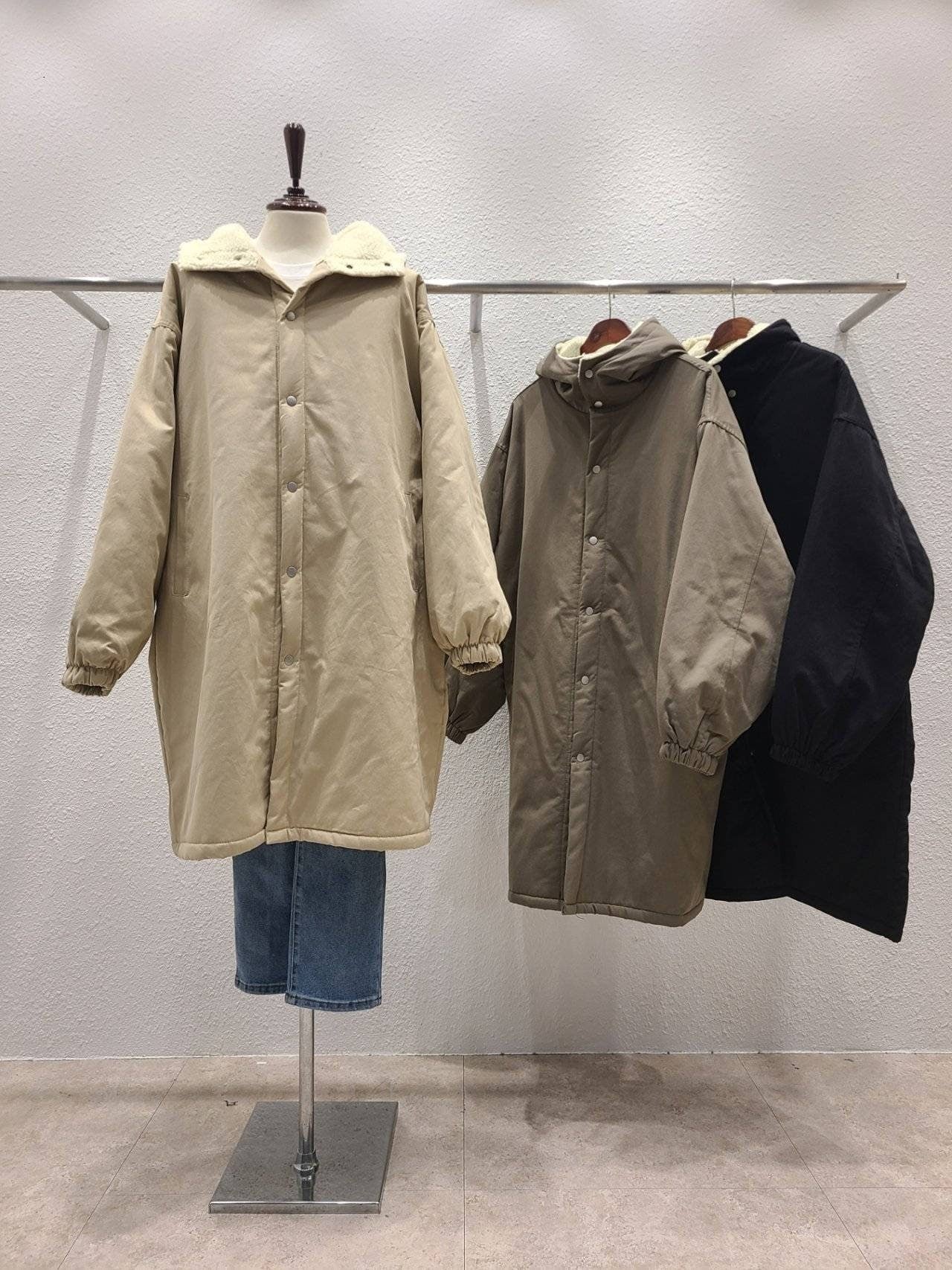 Thick Dumble Sherpa Fleece Hood Thermal Coat Knee High Overfit Warm Neck and Head