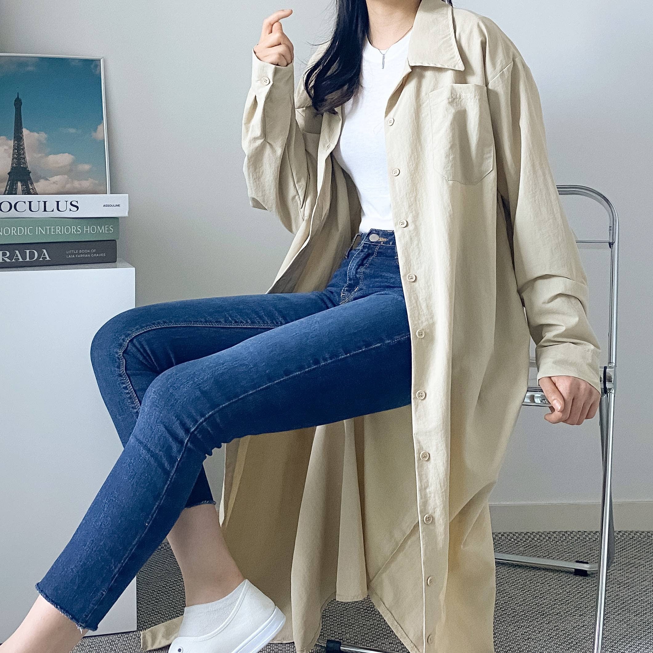 Overfit Button Down Long Shirt Dress Coat – Cotton Blend, Easy Wear
