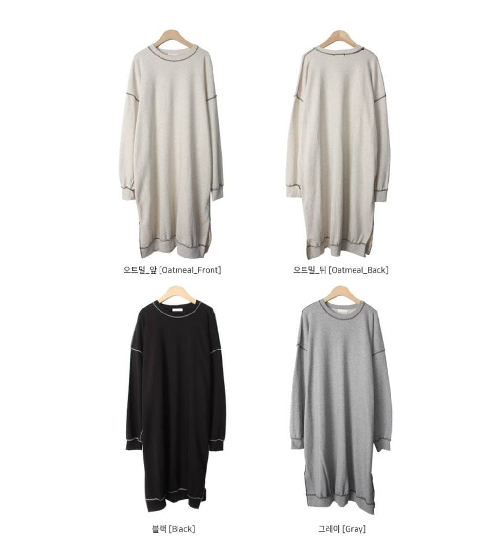 Four color options of the oversized sweater dress displayed on hangers: oatmeal, beige, gray, and black.