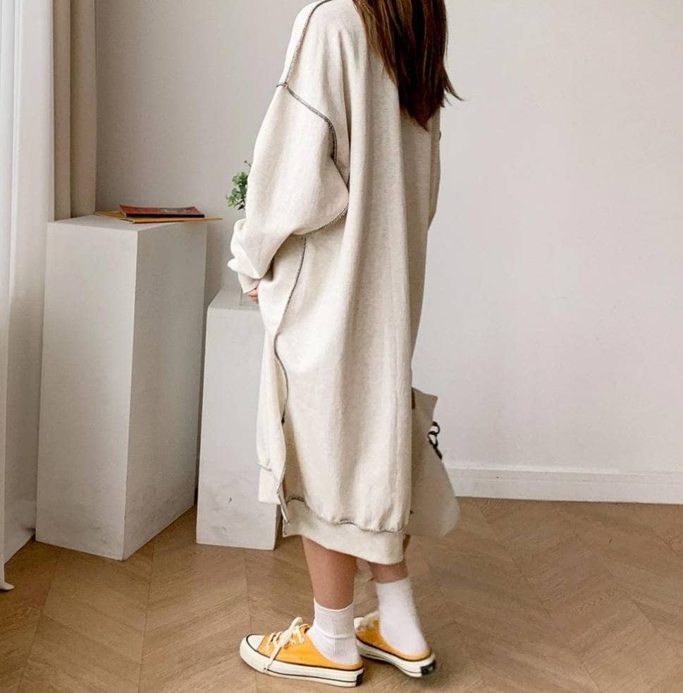 Thick Cotton Dress – Relaxed Fit, Side Slit, Korean Made Everyday Wear