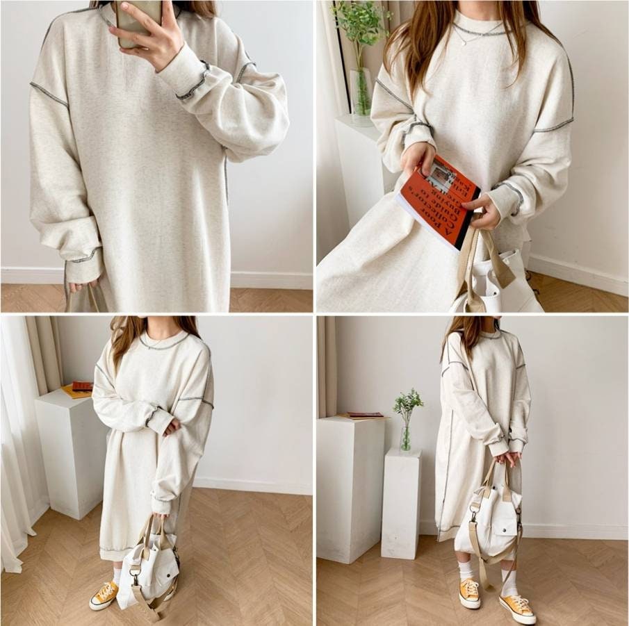 Four-photo collage showing different angles and styling of the oversized oatmeal sweater dress.