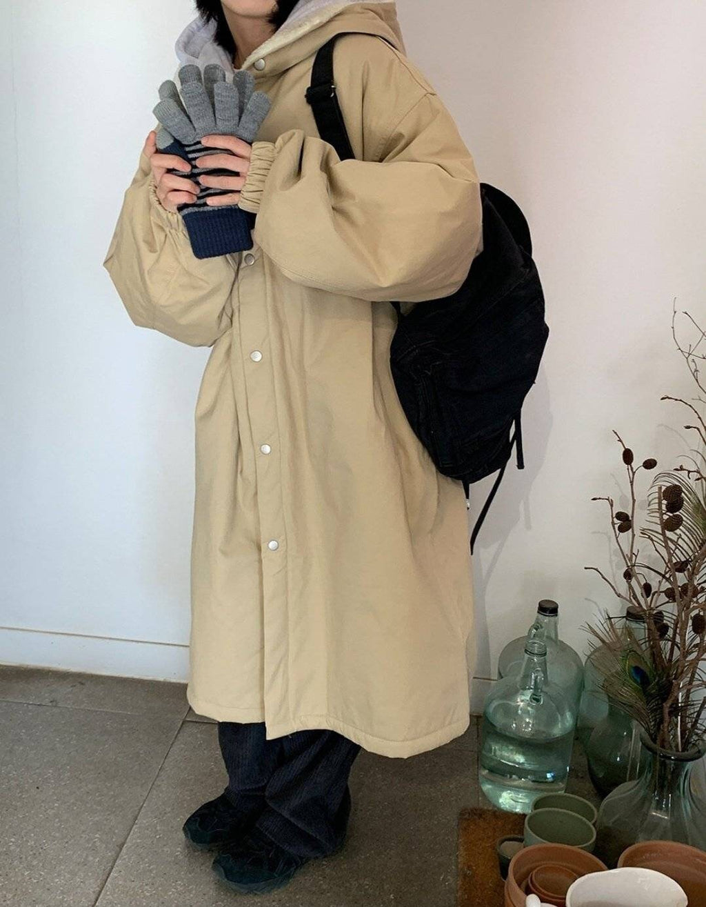 Thick Dumble Sherpa Fleece Hood Thermal Coat Knee High Overfit Warm Neck and Head