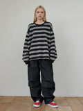 Oversized Fuzzy Knit Striped Sweater, Soft Pullover