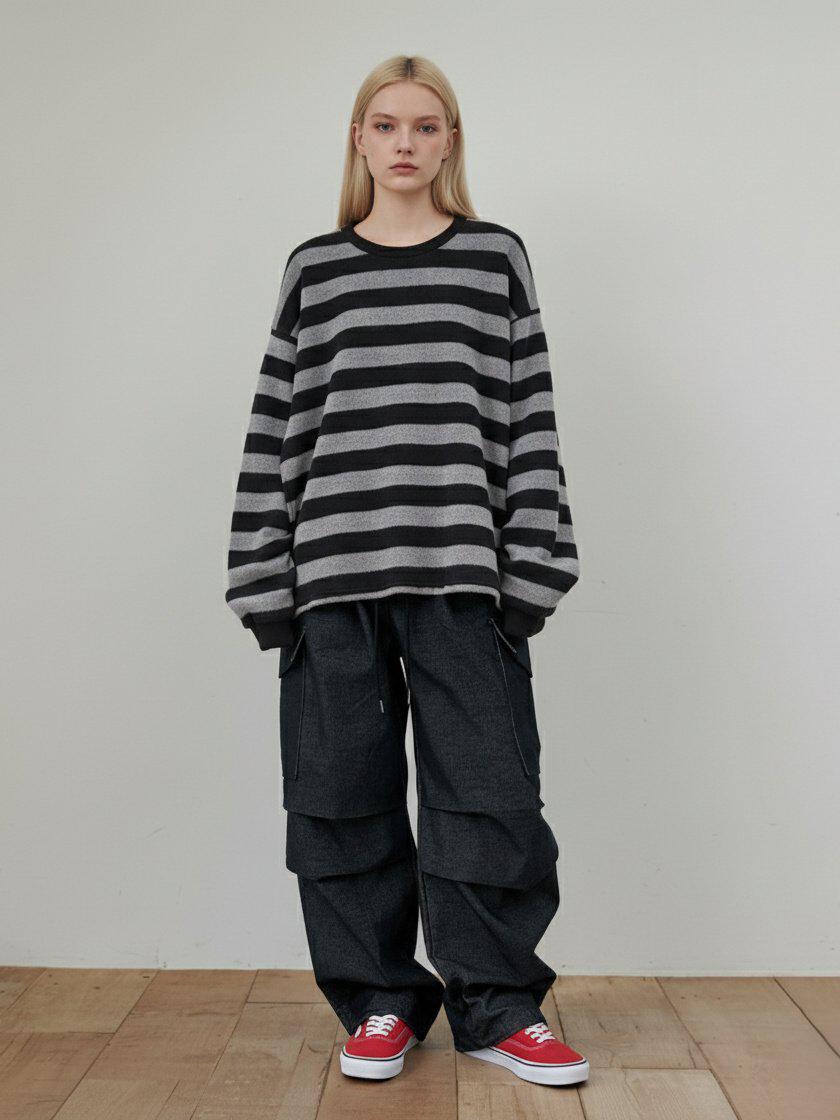 Oversized Fuzzy Knit Striped Sweater, Soft Pullover