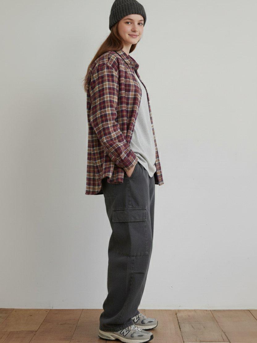 Oversized Plaid Cotton Shirt, Unisex Checkered Button-Up, Loose Fit Layering Top