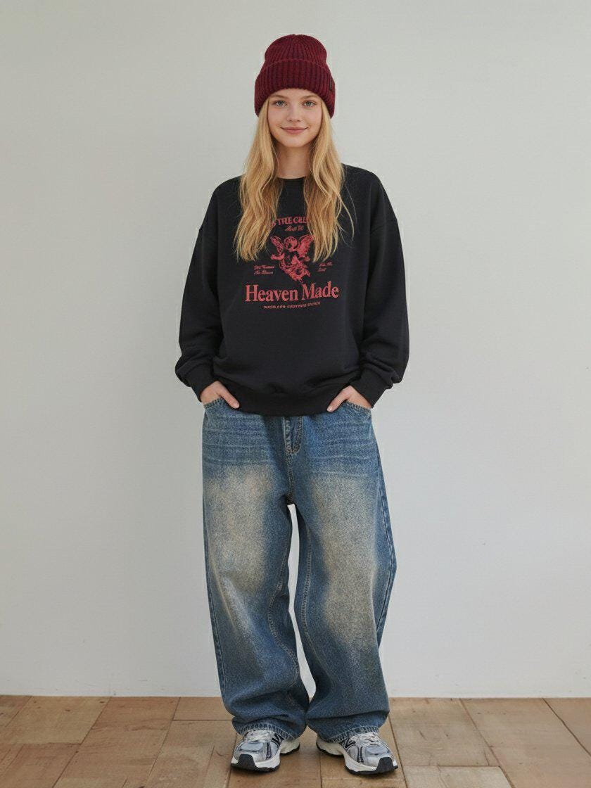 Heaven Made Angel Sweatshirt – Unisex Vintage Graphic Crewneck | Soft Cotton Fleece | Korean Streetwear | Oversized Relaxed Fit | Cute Angel