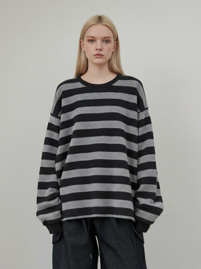Oversized Fuzzy Knit Striped Sweater, Soft Pullover