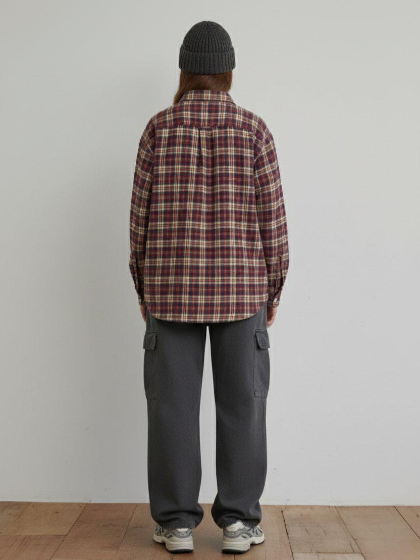 Oversized Plaid Cotton Shirt, Unisex Checkered Button-Up, Loose Fit Layering Top